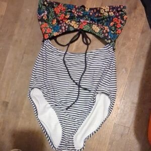 Time and Tru Floral Bandeau & Black-White Striped One-Piece Swimsuit